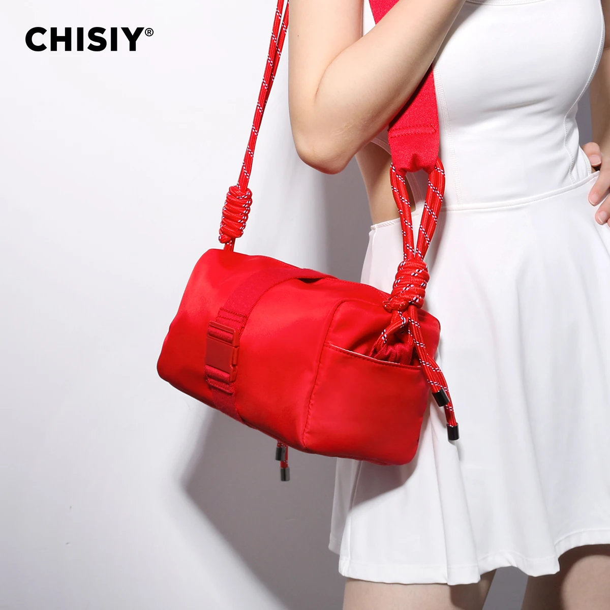 CHISIY Original Handmade Red Nylon Leisure Student Sports Fitness Zipper Travel Summer Crossbody Bag Valentine\'s Day Gift