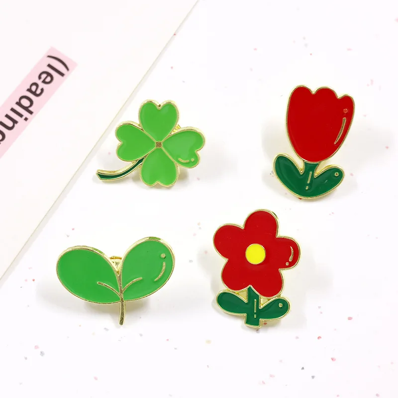 New Cute Plants Saffron Badge Clover Green Leaf Red Plum Flower Brooch Clothes Bag Hat Pin Gift