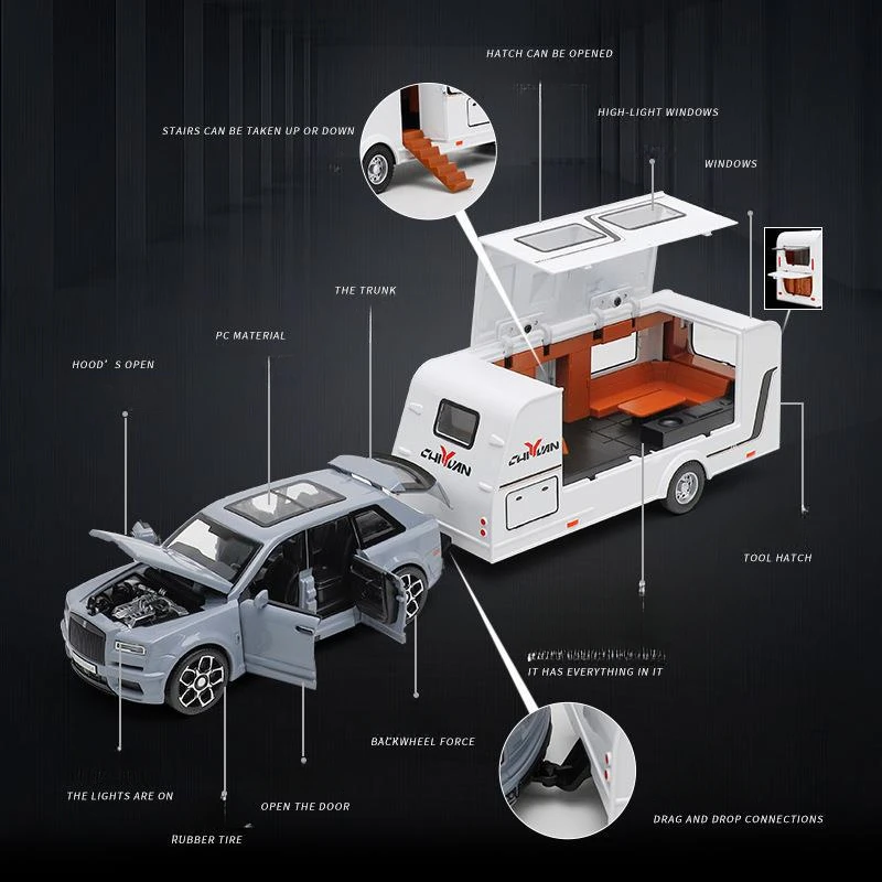 

1:32 Rolls Royce Cullinan Trailer RV Set Alloy Car Diecast Simulation Sound Light Collective model Children Boys Car Toy Gifts