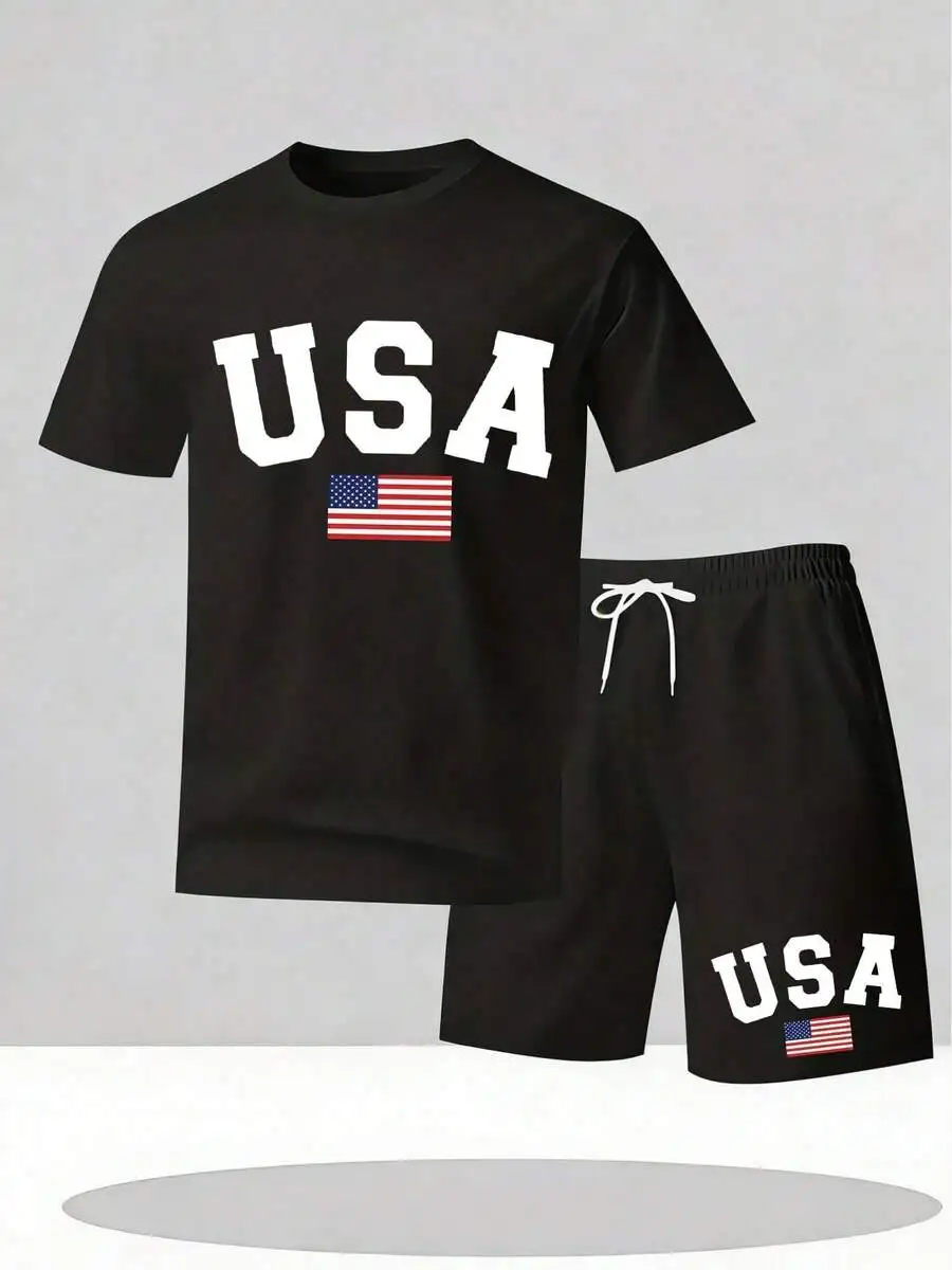 

Mens Black USA Flag Print Short Sleeve T-Shirt And Shorts 2-Piece Set Casual Summer Outfit