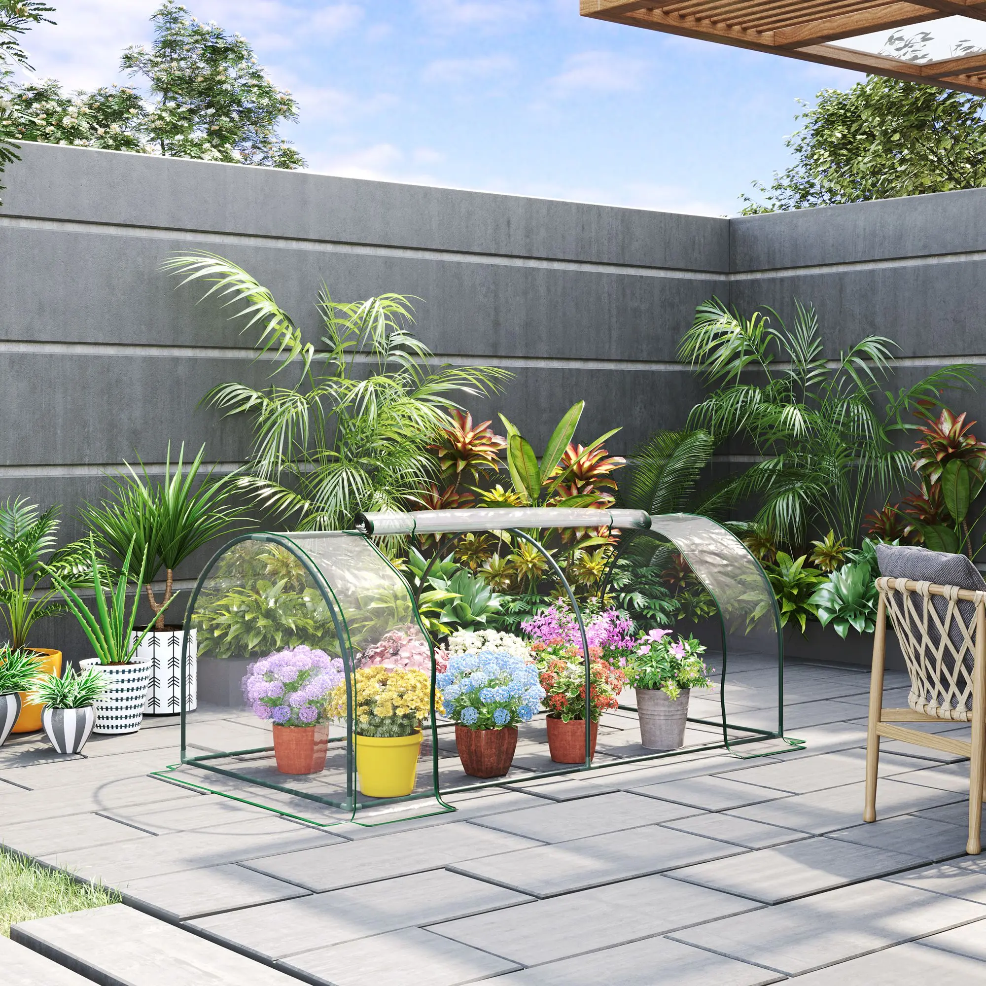 Estufa de túnel Outsunny, casa de cultivo verde para jardín al aire libre, estructura de acero, cubierta de PE, transparente, 200 x 100 x 80 cm