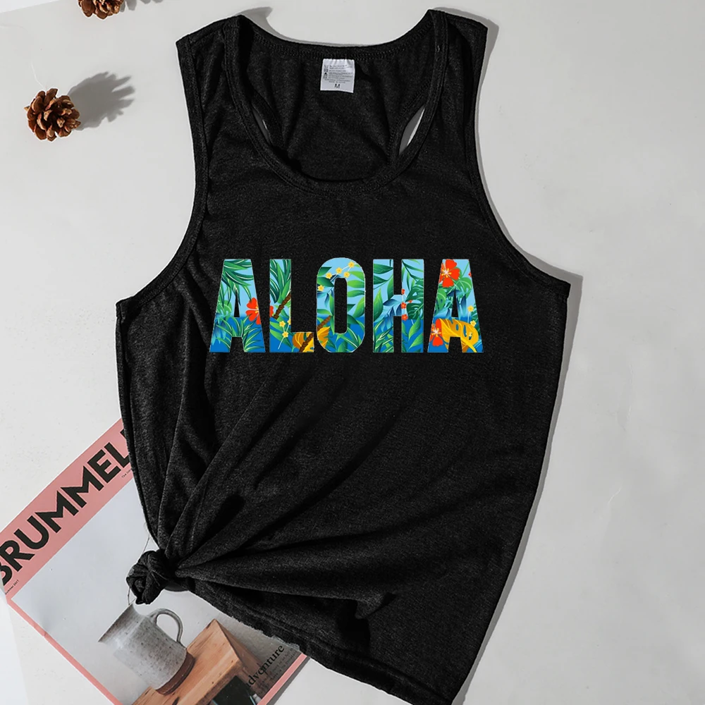 

Hawaii Beach Tank Top Women Classic Vintage Sunset Coconut Tree Summer Hawaii Tops Women Clothing Print White Top L M