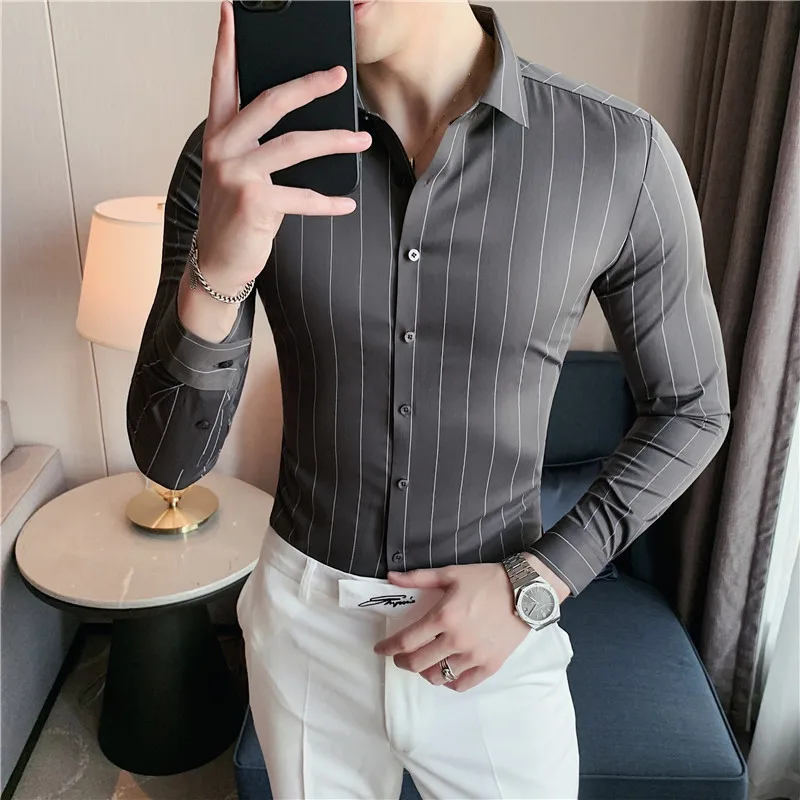 High Quality Seamless Shirt Men No Iron Casual Business Stripe Shirt Men\'s Long Sleeved Shirt Social Office Camisa Masculina