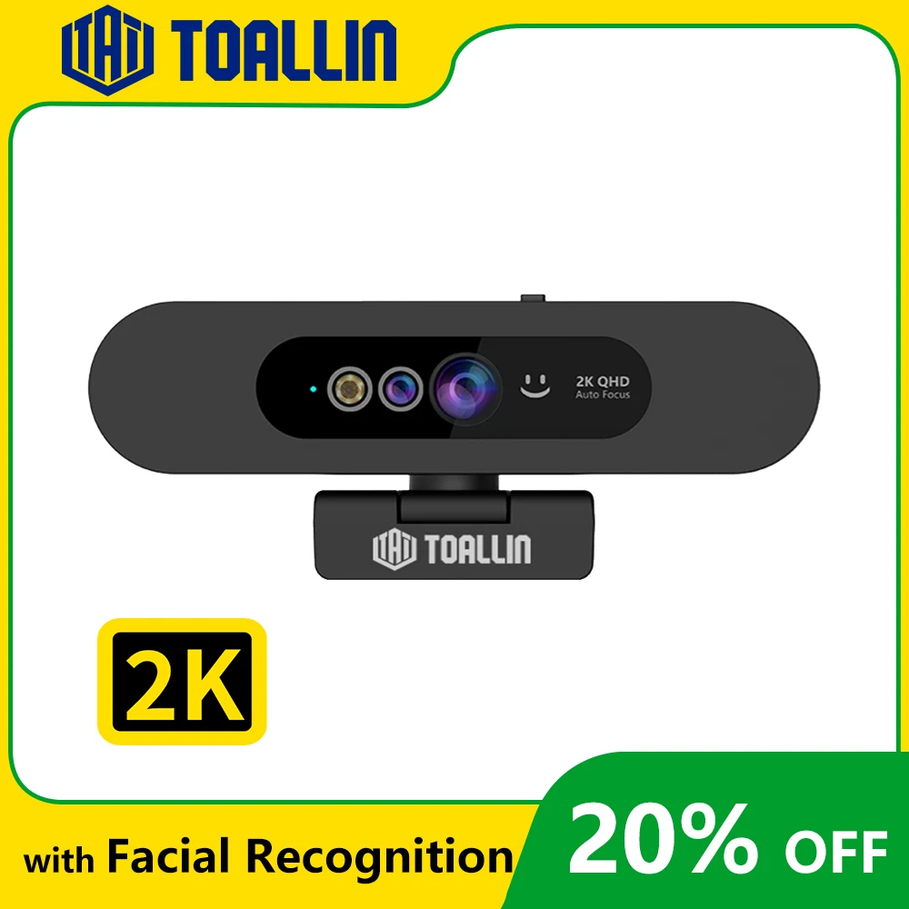 TOALLIN Windows Hello 2K Webcam PC Web Camera 1080P IR Facial Recognition with Noise-reduction Mics for Streaming Video Calling