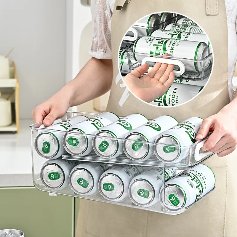 Refrigerator Can Drink Holder Rolling Can Dispenser Pop Soda Beer Storage Bins Stackable 2Tier Beverage Can Organizer for Fridge