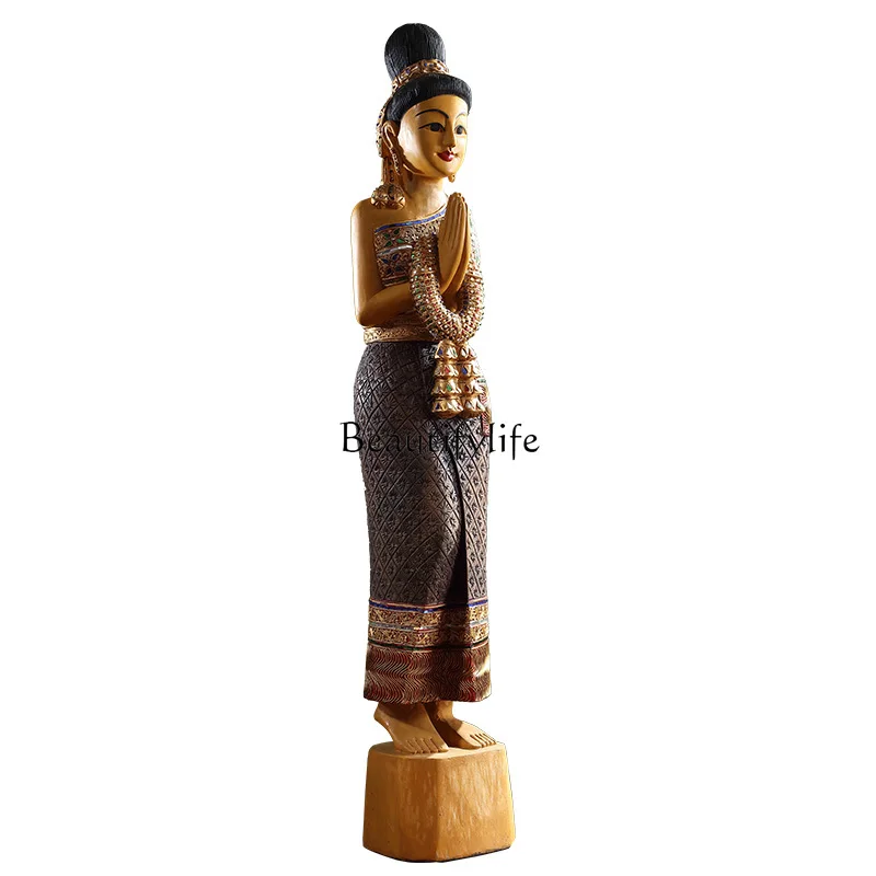 Southeast Asia Welcome Person Sculpture Landing Big Decorations Thai Decorations Wood Carving Figure Female