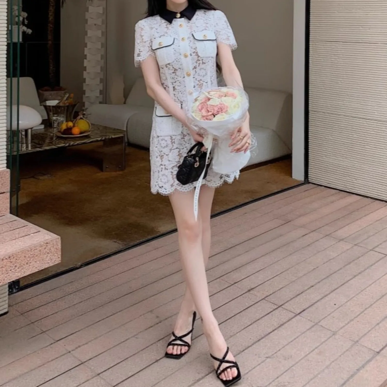 ชุดลูกไม้สีขาวผู้หญิง single-breasted Elegant MINI vestidos bodycon เอวสูง Chic PARTY ผ้าเลดี้ฤดูร้อน