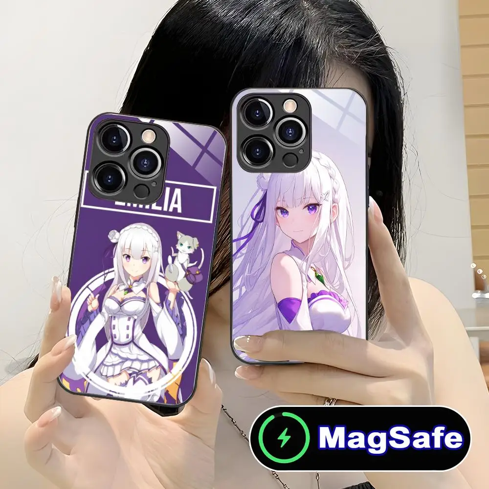 حافظة هاتف محمول ReZero Emilia Waifu لهاتف iPhone 17 16 15 14 13 12 11 Pro Max Plus Mini MagSafe غطاء ملون زجاجي فاخر جدًا