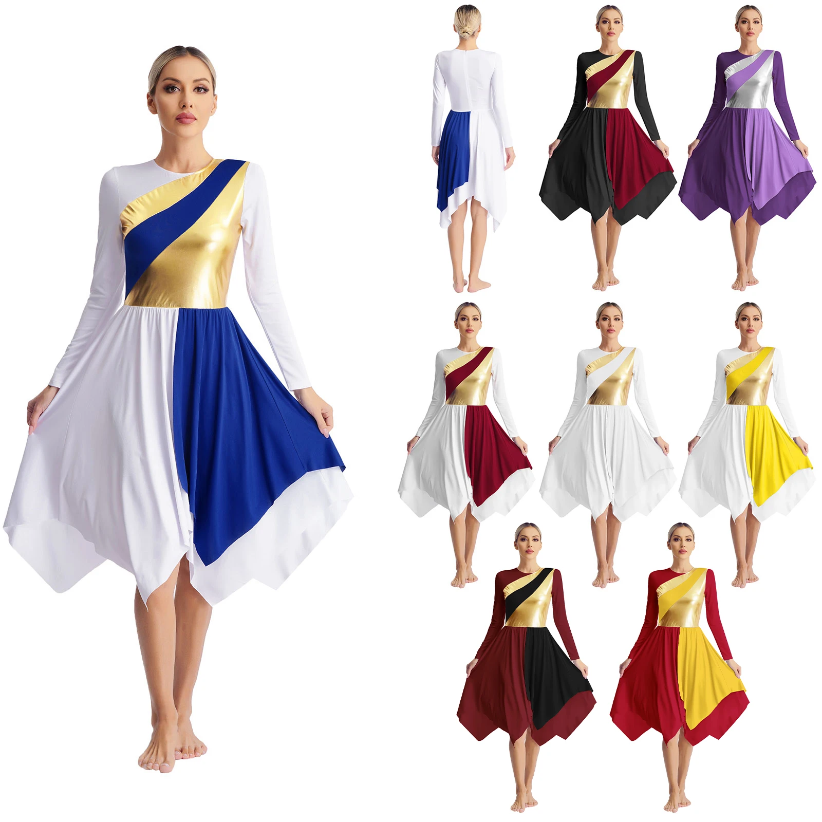 Women Lyrical Dance Dress Ballet Ballroom Liturgical Worship Dancewear Long Sleeve Praise Church Choir Stage Performance Costume