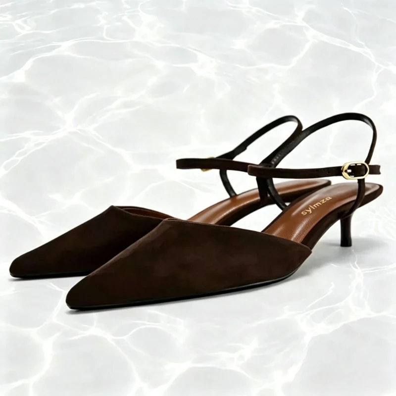 

Brown Faux Suede Pointed Toe Pumps for Women Fashion Ankle Strap Kitten Heel Designer Shoes Unique Metal Buckle Slingback Shoes