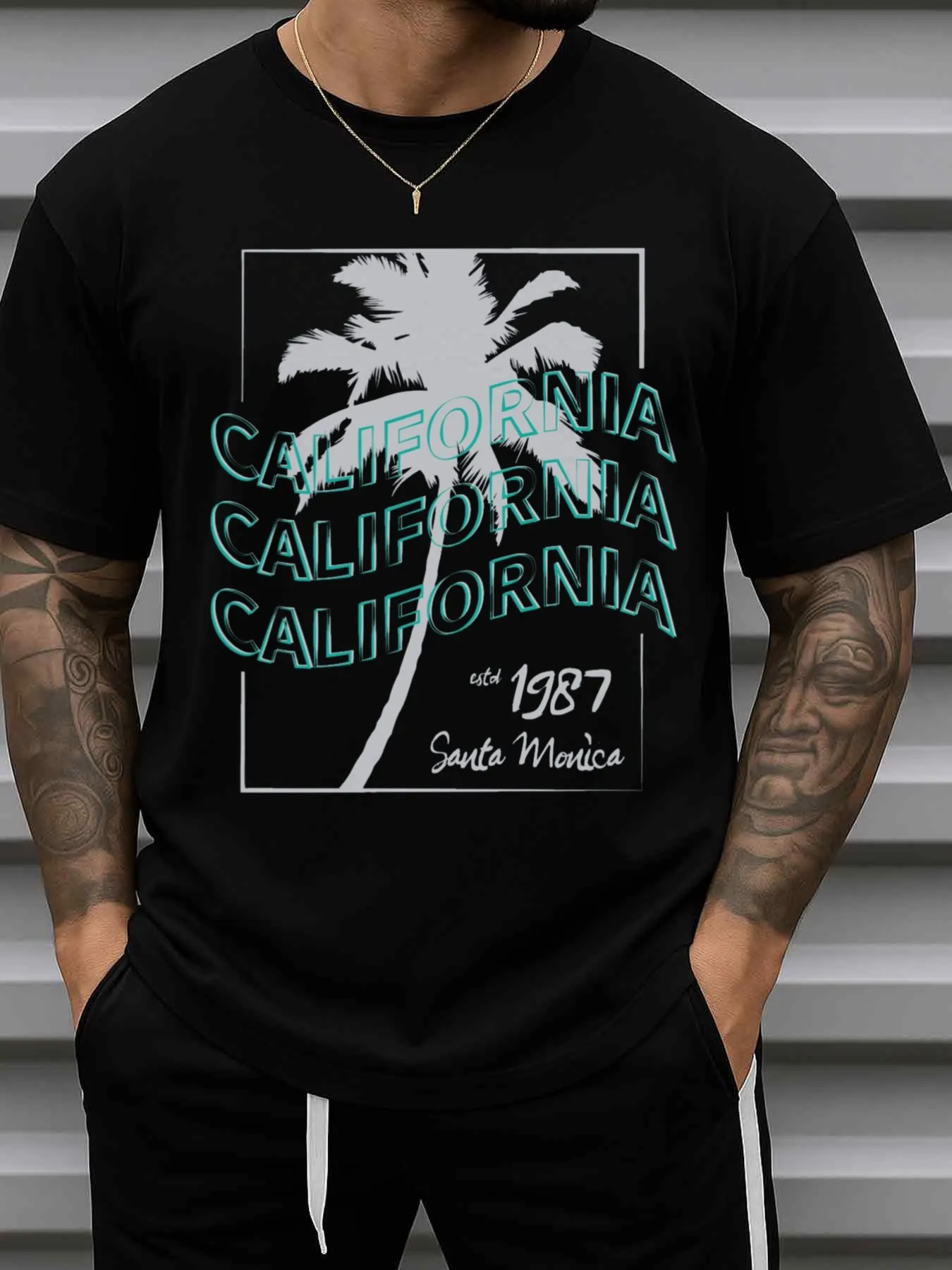 Men's Vintage 1987 California Pattern T-Shirt - Retro Santa Claus Palm Tree California Letter Design, Black with Teal Print, Casual Short Sleeve Round Neck T-Shirt, Suitable for Casual Wear, Office, Dates, Outings - Ideal Gift for Men