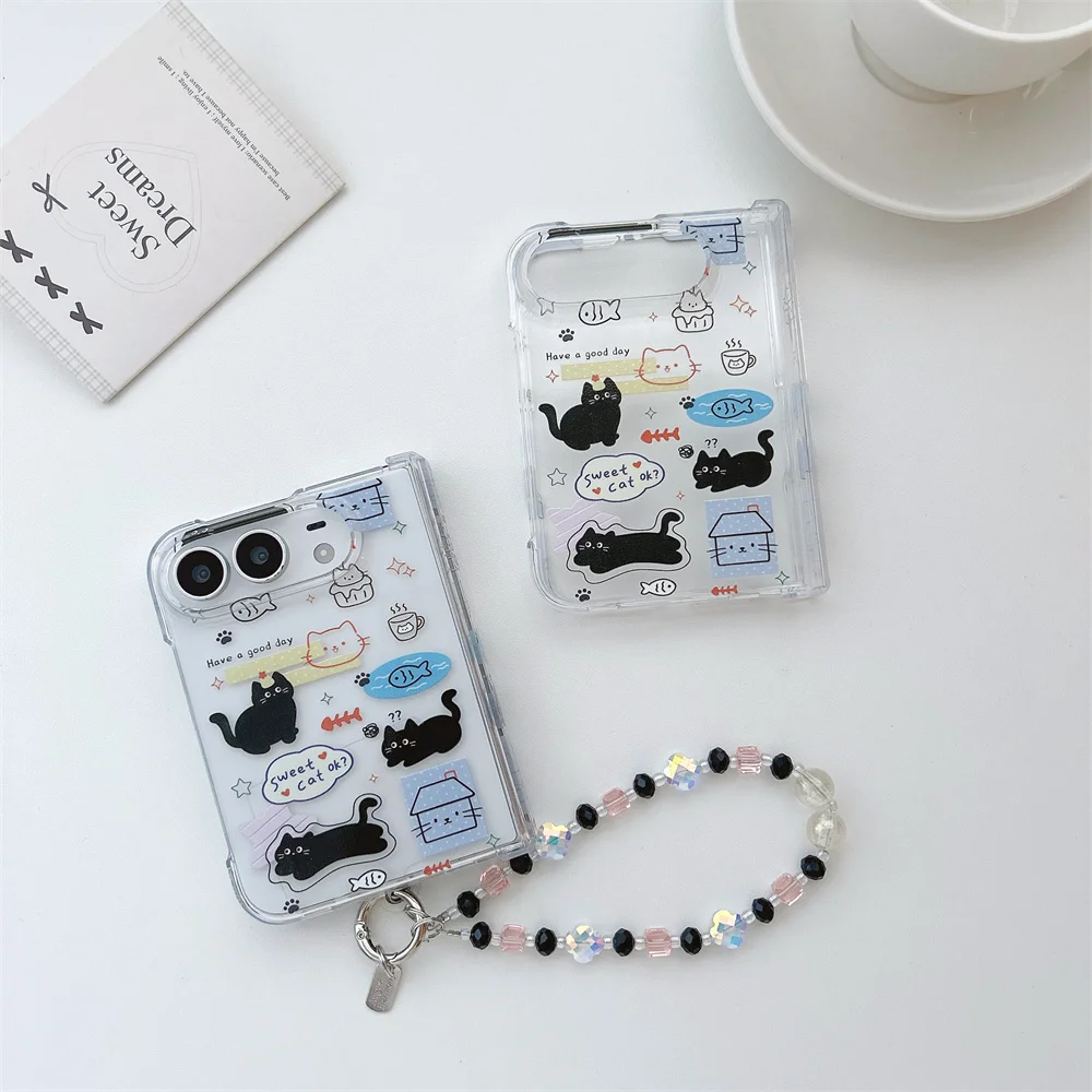 Fashion Cute Cartoon Black Cat Sticker Clear Phone Case For iPhone Duo Kawaii Hard Cover With Black Pink Beaded Bracelet Chain