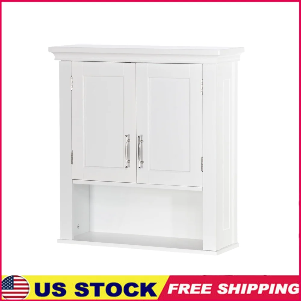 

Two-Door Bathroom Medicine Cabinet Wall Shelf Storage with Open Display Shelf Adjustable Interior Shelves Toiletries and Decor