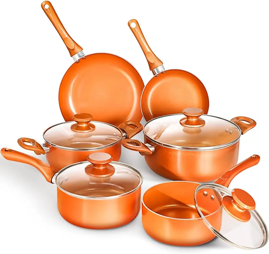 Non-stick Cookware Sets, POTS and Pans, Ceramic Coated Cooking POTS, Stockpots with LIDS, Frying Pans, Copper