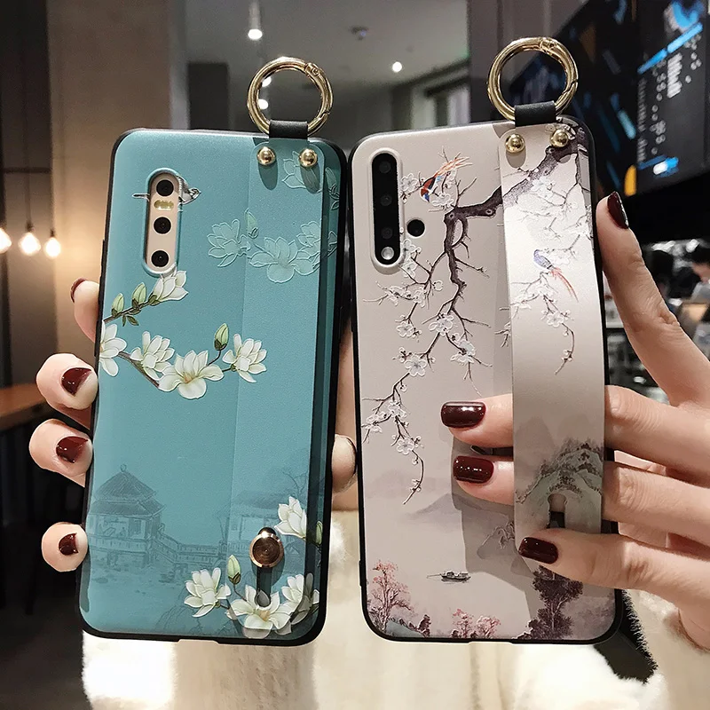 50pc P40 P20 P30 pro case 3D Art leaf Flower  wirst strap Holder cover For Huawei P30 Lite P Smart Z Mate 30 20 Nova 5 pro Funda