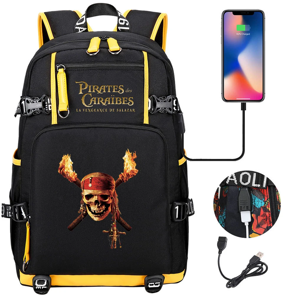 Disney Pirates Of The Caribbean Backpacks Schoolbag Large Capacity Laptop Bag Waterproof Multifunction USB Charging Mochila