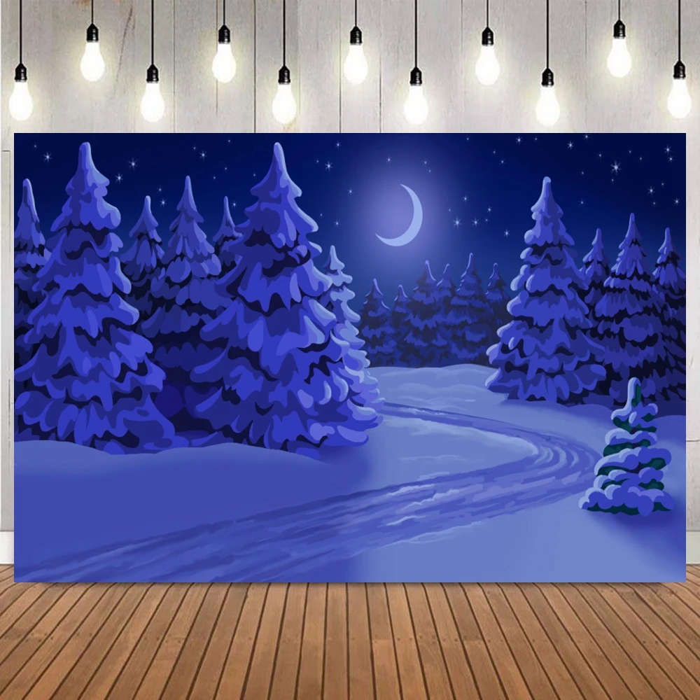 Winter Night Backdrop Wonderland Snow Forest Mountain Natural Landscape Christmas Party Decor Photography Background Photo