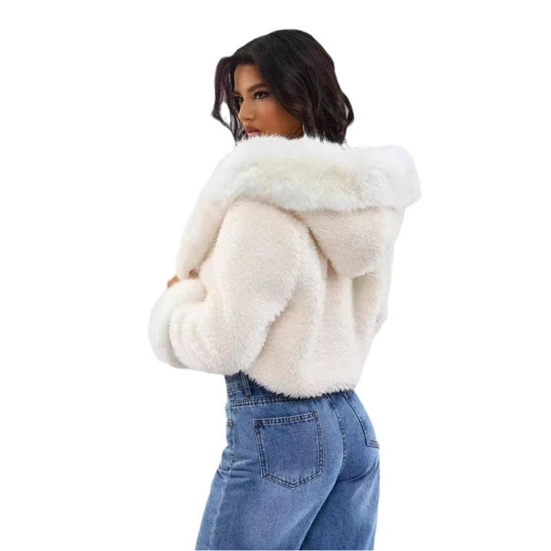 Women Faux Fur Short Coats Jackets Hooded Coat Thick Warm Y2k Streetwear Jacket Work Slim Fit Outerwear Autumn Winter 2025