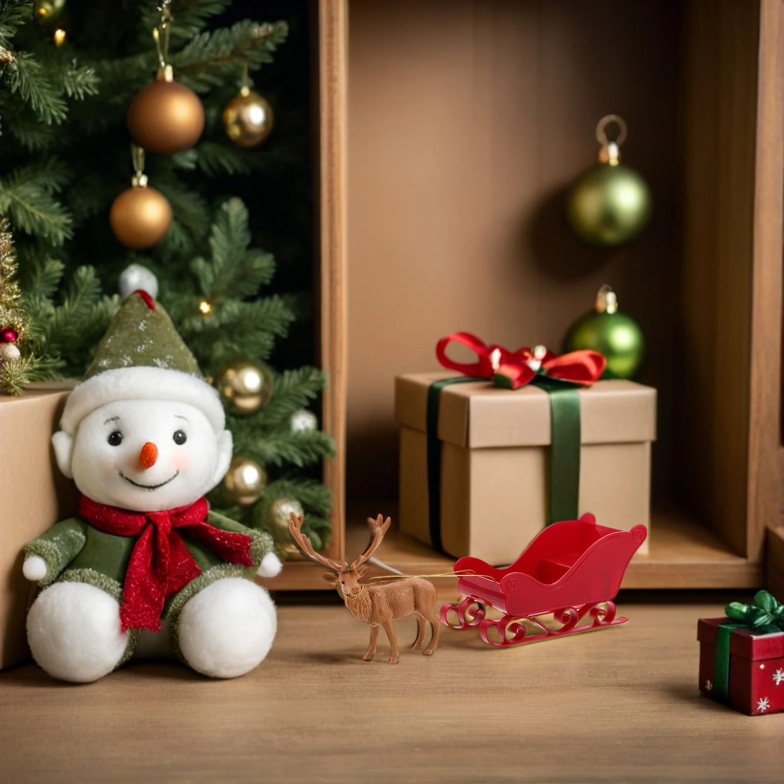 

1 set 1 Set Christmas Decoration Reindeer Sleigh Santa Sleigh Display For Holiday Tabletop Shelf Decor Xmas Sled Ornament