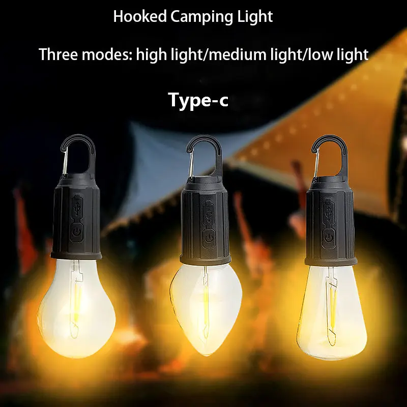 Portable Hanging Outdoor Vintage lantern Warm tent light LED lantern Bulb with Hook LED Tent Light Type-C USB Rechargeable Lamp