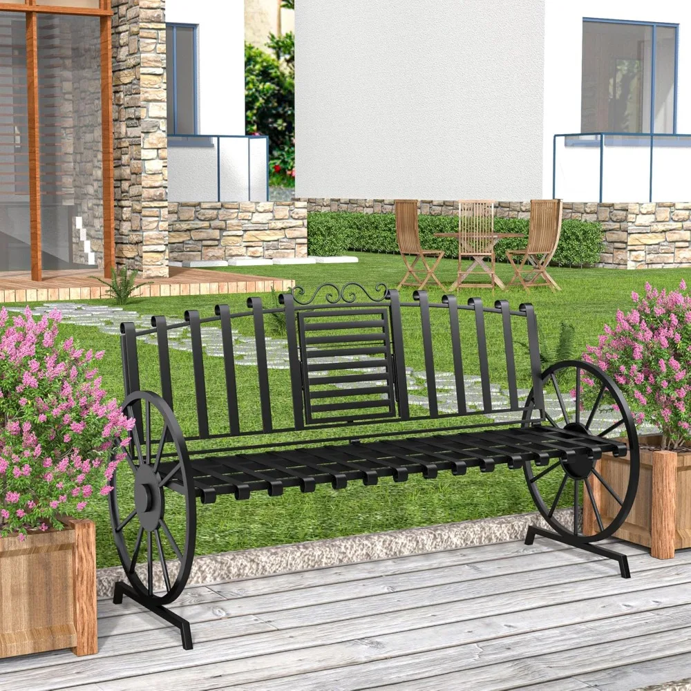 

Outdoor Bench Patio Outdoor Garden Benchs with Built-in Table,Wagon Wheel Arms, 3 People Outdoor Benchs Garden Bench Front Porch