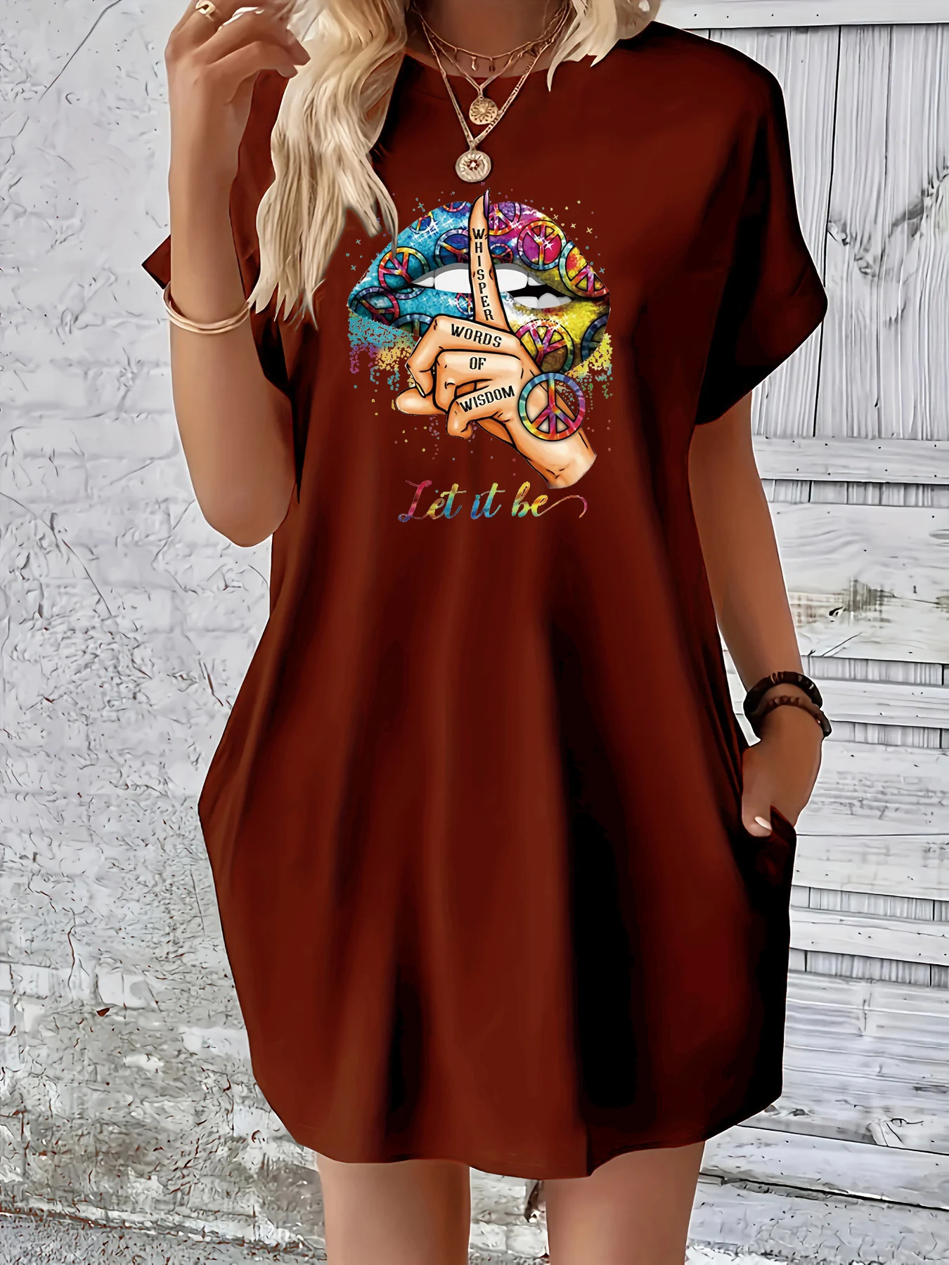 Women's Summer Loose Colored lip print pattern Print Round Neck Short Sleeve Pocket Comfortable Casual Plus Size Dress