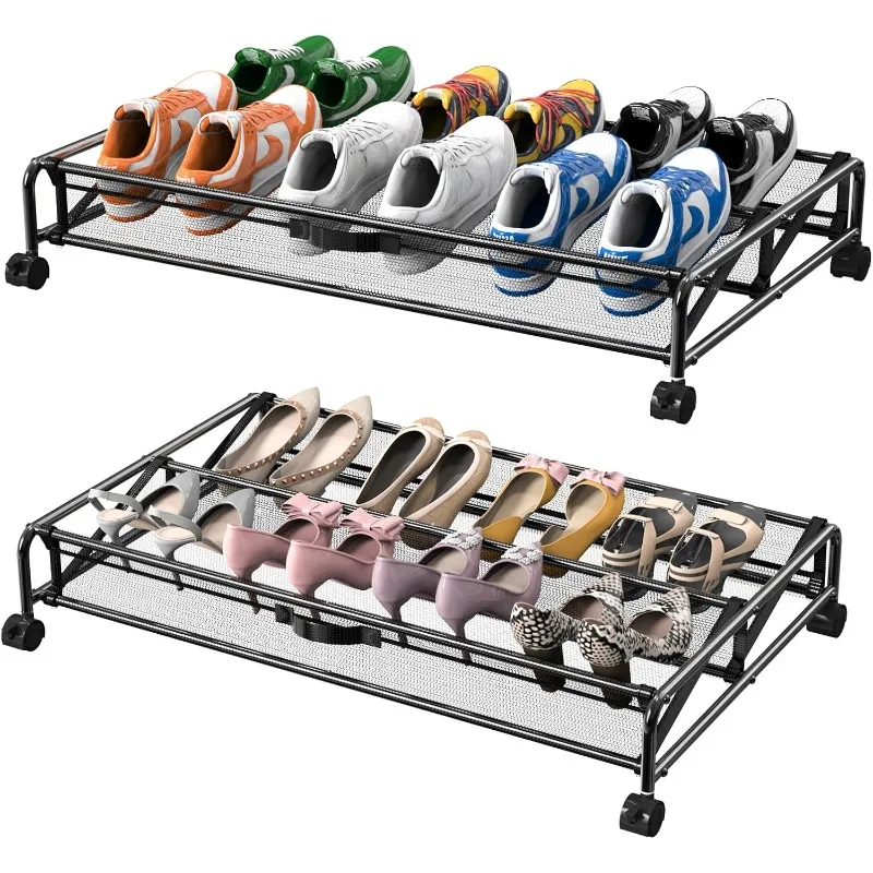 Under Bed Shoe Storage with Wheels, 2 Pack Rolling Under Bed Storage Containers for Shoes Metal Shoe Rack Organizer Bedroom