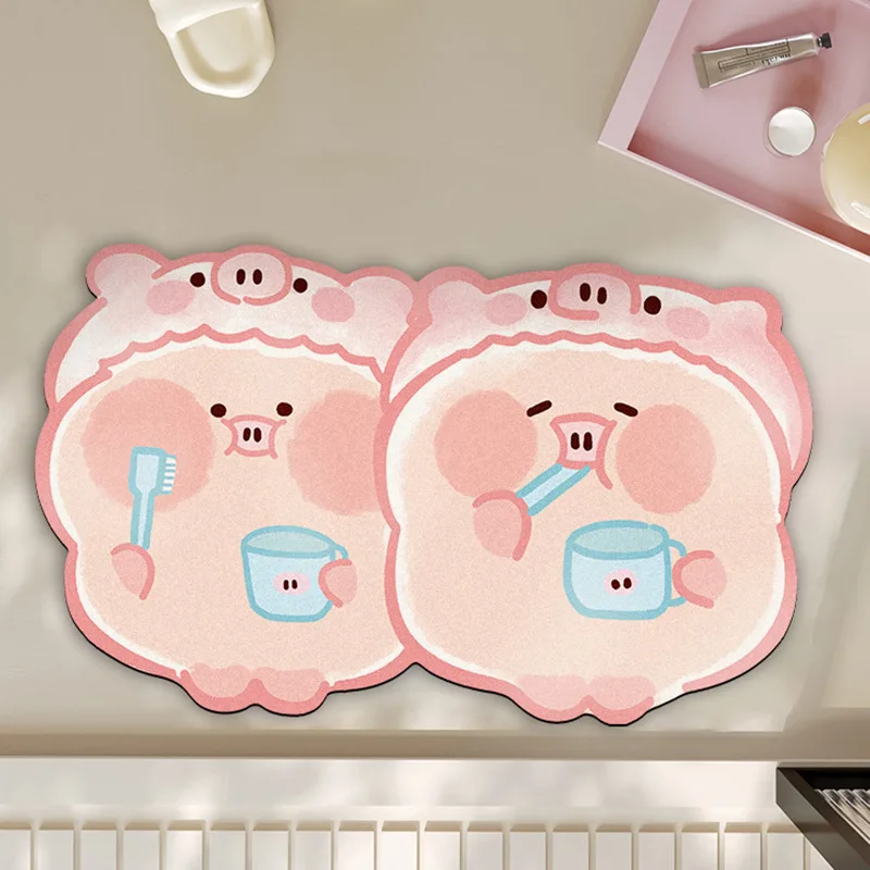 Niedliche Rosa Schweinchen Badezimmermatte, Saugfähige Diatomeenerde-Bodenmatte, Rutschfeste Schnelltrocknende Fußmatte für Haushalt und Eingang 40x60/50x80CM