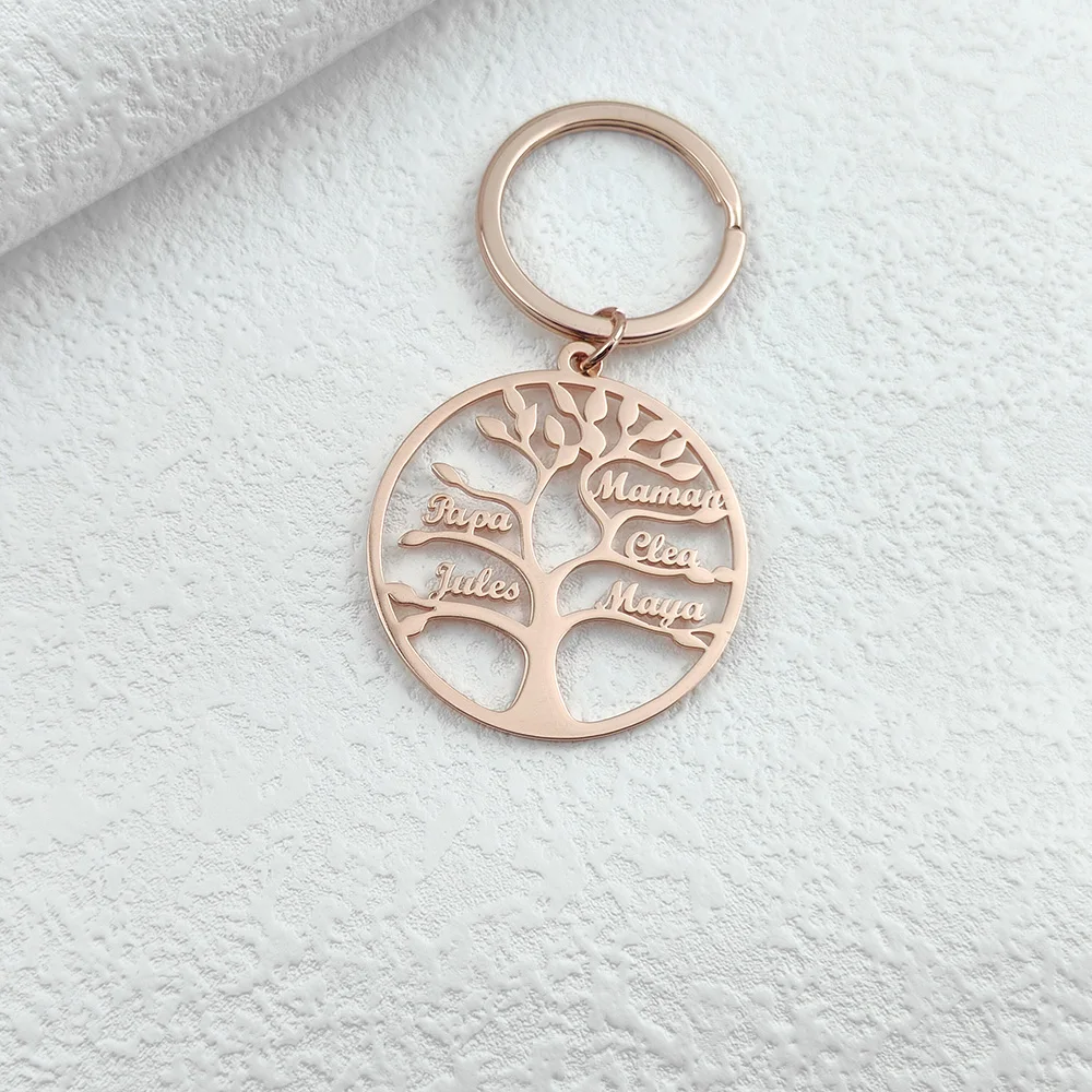 Personalized Custom Family Member Names Keychain Stainless Steel Mens Round Tree of Life Pendant Keychains Fashion Jewelry Gifts