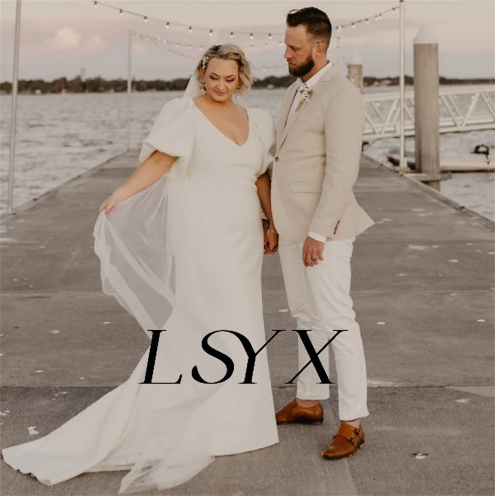 LSYX Sample V-Neck Puff Sleeves Crepe Mermaid Wedding Dress For Women Open Back Court Train Bridal Gown Custom Made