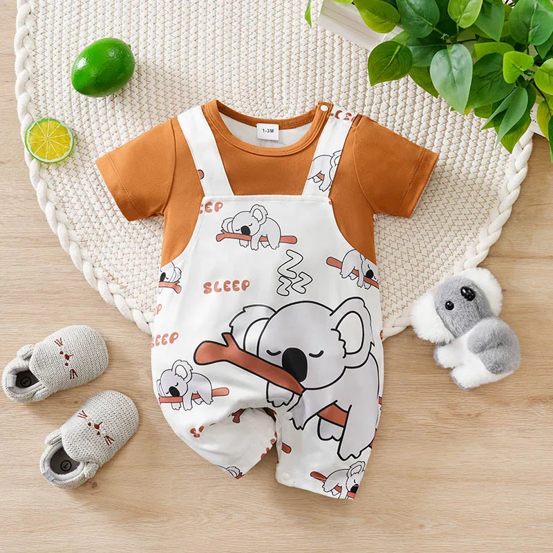 

Комбинезон для новорожденных от 0 до 18 месяцев с принтом коалы, имитация подтяжек, повседневный летний комбинезон для игр, вязаный, с мультяшным рисунком, милый стиль