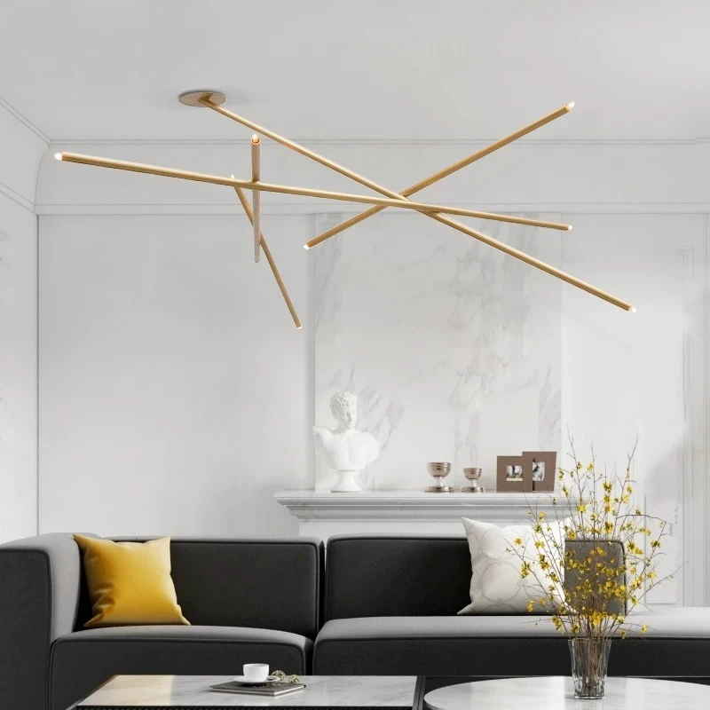 Modern 8 Light Gold Linear LED Chandelier Abstract Intersecting Rod Ceiling Light Fixture for Living Room Dining Room Bedroom
