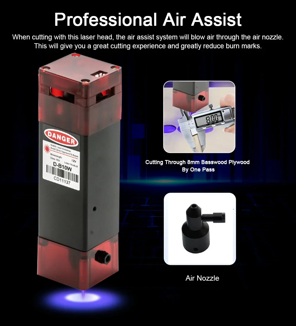 

Air assist 10W engraving laser module fast axis compression spot, high-power laser cutting