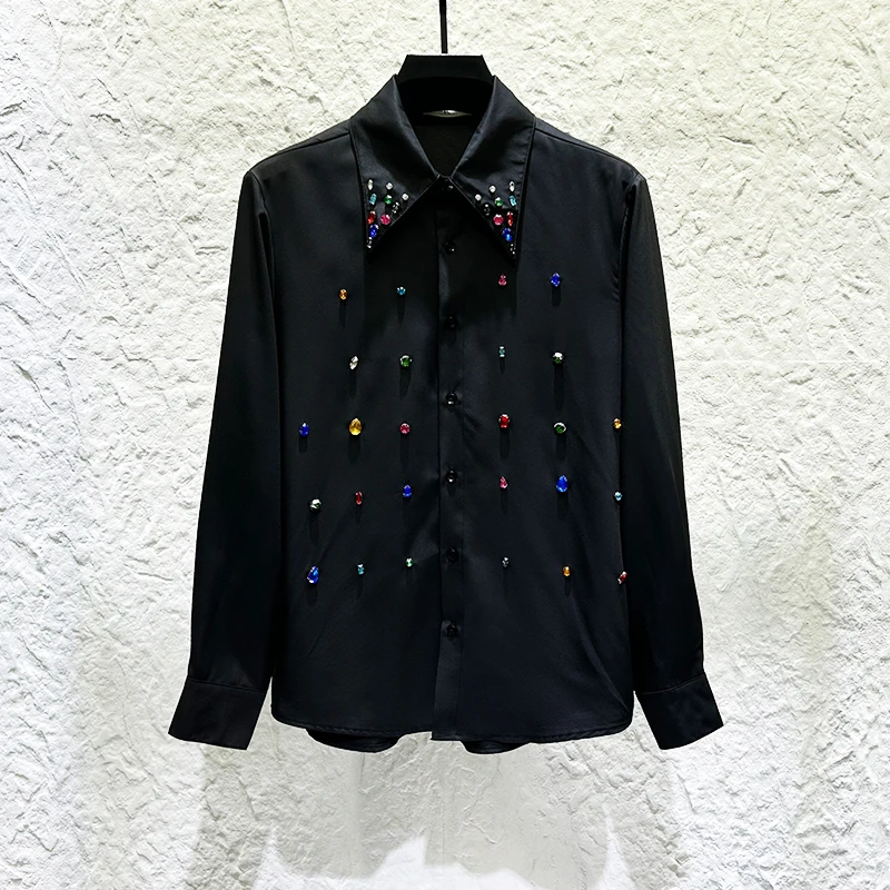Stylish Diamond Colorful Gem High-End Shirts Men 2025 Autumn New Personality Fashion Tops Trendy Light Luxury Long Sleeve Shirts