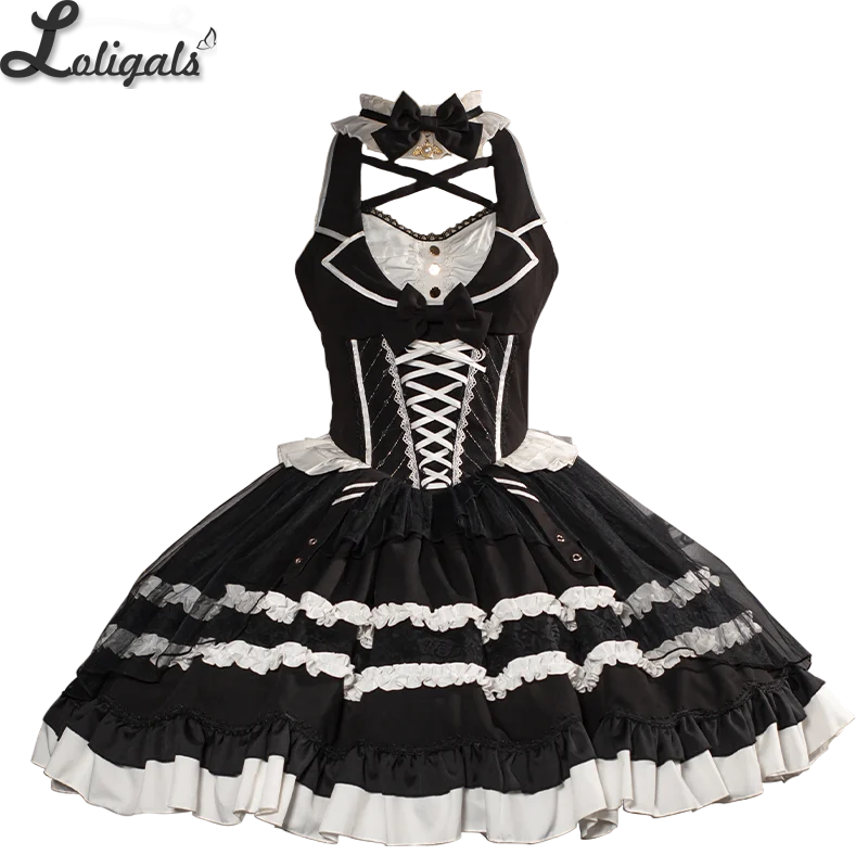 

Retro Style Lolita JSK Dress Vintage Black and White Doll Style Mini Halter Neck Dress by Ocelot ~ Lilith