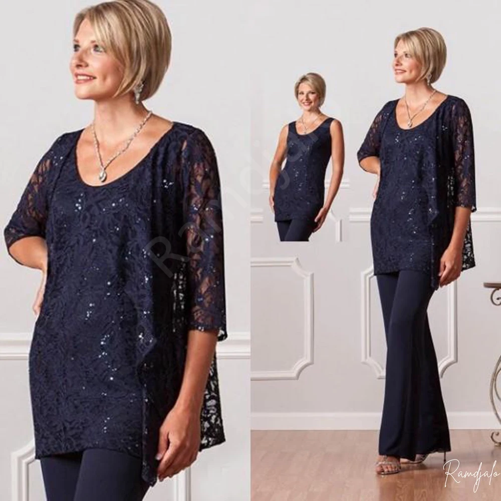 Navy Blue Formal Mother of the Bride Dress Pantsuit Sequined Top Sheer Overlay Elegant Evening Wear Three-Quarter Sleeve Jacket