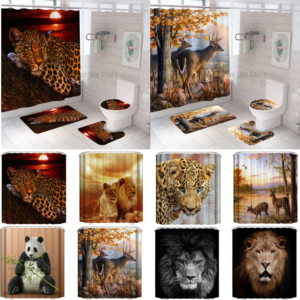 3D African Leopard Lion Tiger Shower Curtain Set Wild Animal Waterproof Bath Curtain Toilet Lid Cover Non-slip Carpet Home Decor