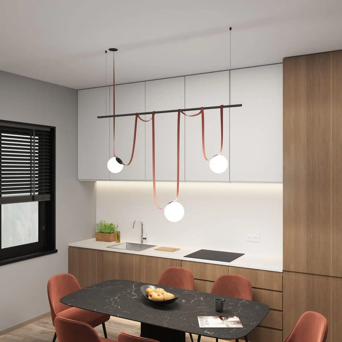

Modern Danish DIY Textile Belt Red Black Line Glass Ball Chandelier Light,Lustre LED Dimming Home Decoration for Living room