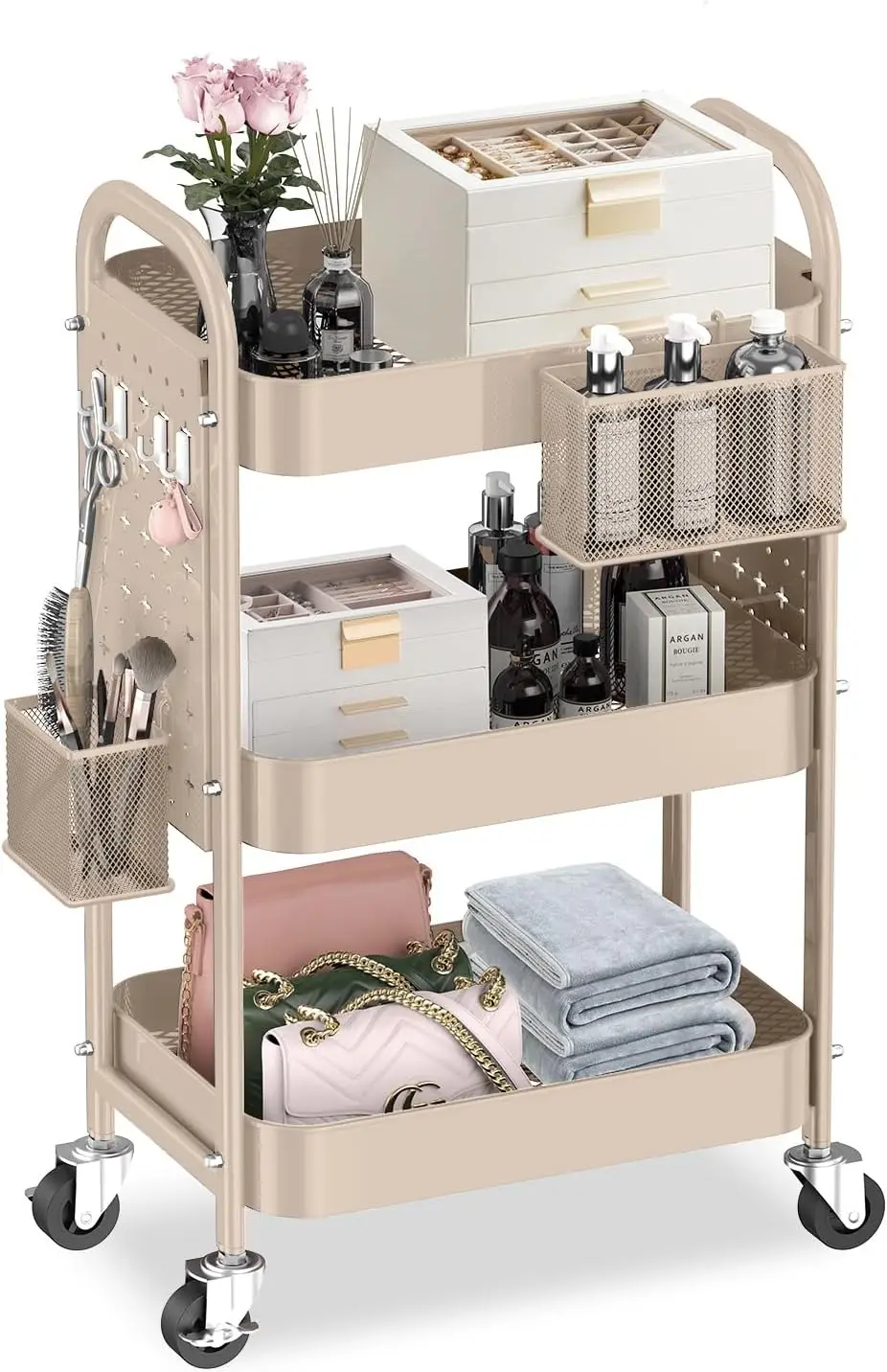 

3-Tier Rolling Cart with DIY Pegboards, Wheels & Baskets - Versatile Storage for Kitchen, Office & Bathroom