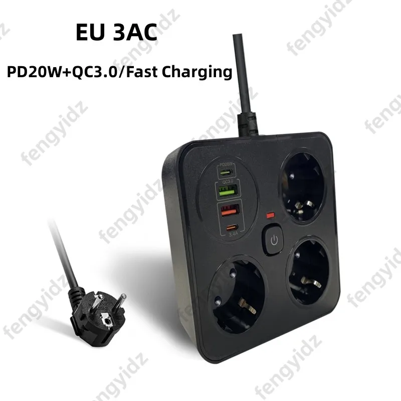 2/3 AC-Steckdose, Multitap-Steckdosenleiste, EU-Stecker, 2 Typ C, Verlängerungskabel, Steckdose, Heimbüro, Überspannungsschutz, Netzwerkfilter