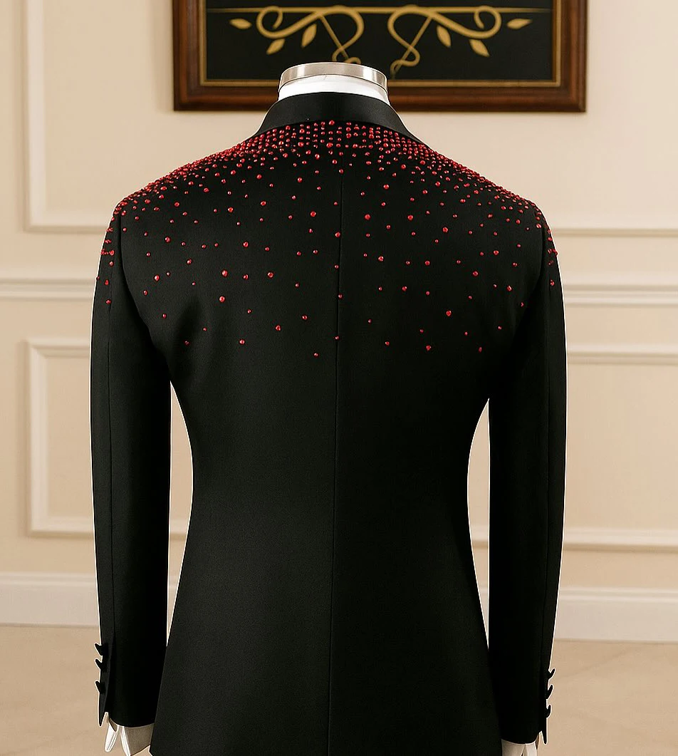 الحديثة الرجال البدلة الخرز شال طوق 2 قطعة السترة السراويل جيب مخصص الأعمال ملابس رسمية للحفلات الزفاف العريس زي