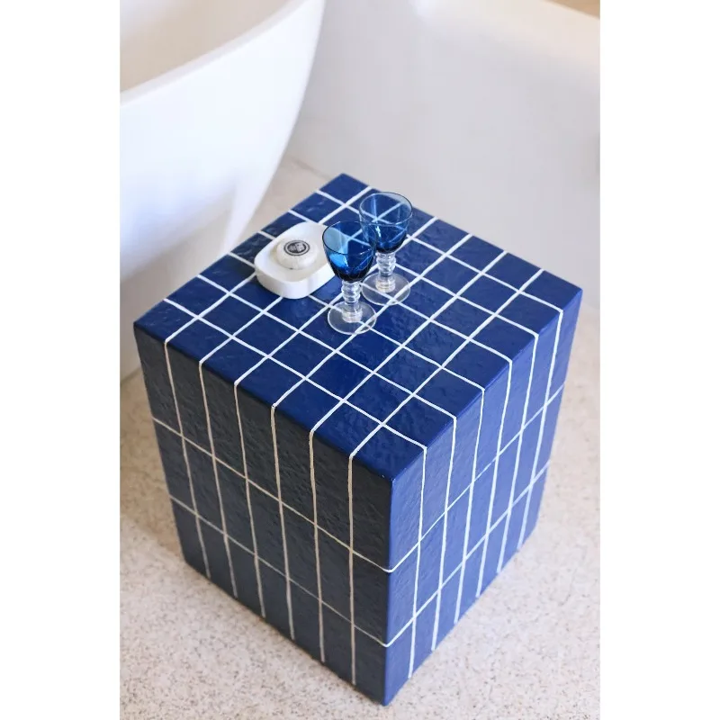 For Blue Glazed Textured Side Table, Square Geometric Side Table for Homestay Cafés