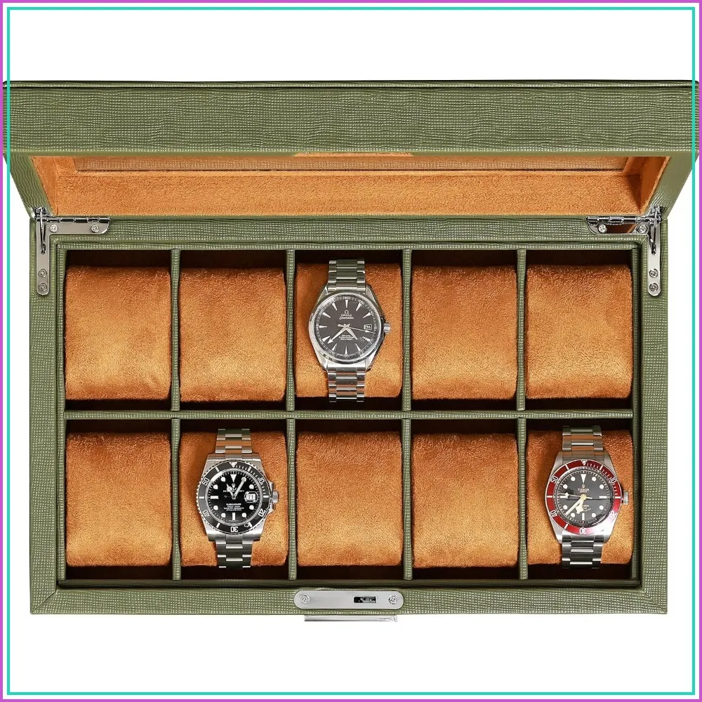 10-Fach Leder-Uhrenbox mit Verschließbarem Glasdeckel - Luxuriöse Vitrine für Herren und Damen (Grün/Braun)