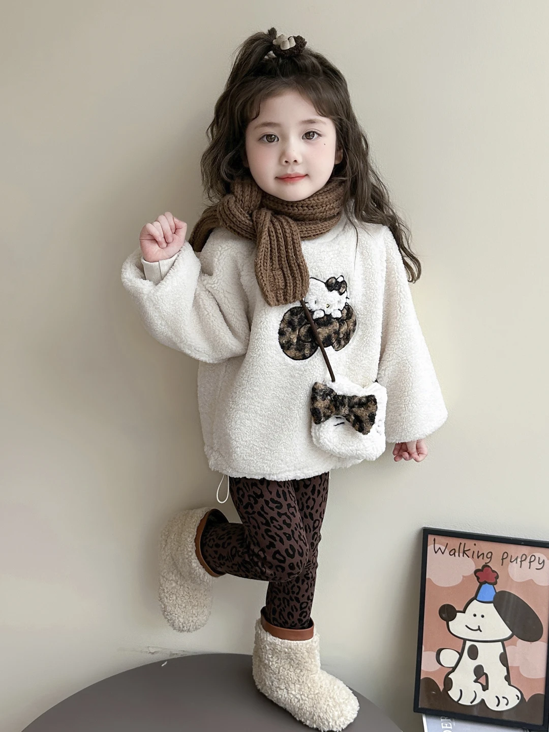 

Adorable Baby Girl's Fce Lined Autumn Winter Faion Set Leopard Print Pants Casual High Waist Long Sve Top Two Piece Suit