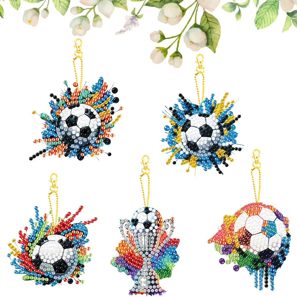 

5Pcs Acrylic Double Sided Football Theme Full Drill Keyring Rhinestone Painting Keychain Pendant for Home Birthday Party Decor
