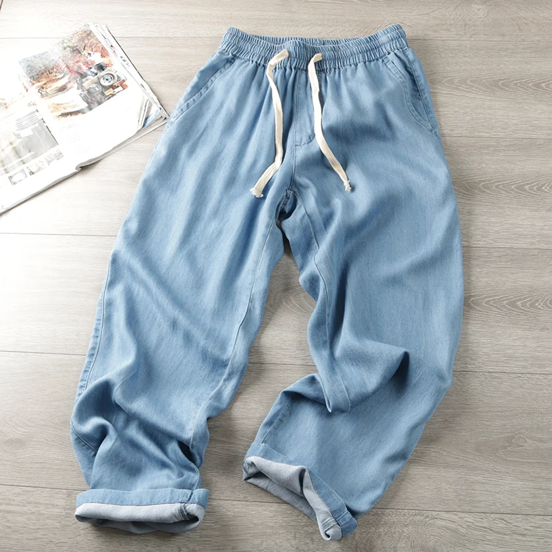 

Прохладные дышащие летние мужские повседневные джинсы из лиоцелла с тонкой эластичной резинкой на талии, удобные легкие модные джинсы