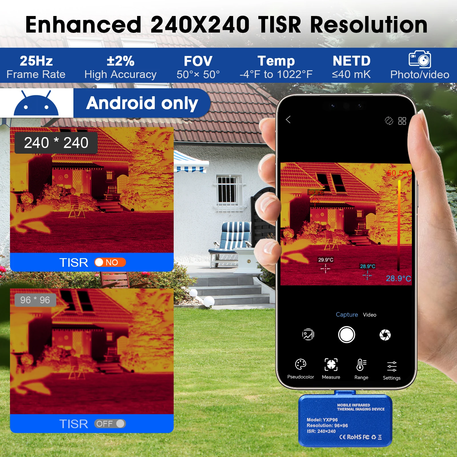 HP-YXP96A USB-C Phone Thermal Camera 96x96 Thermal Imager Android iOS Dual System -4°F to 1022°F HVAC Home Inspection PCB