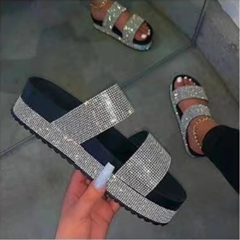 New Rhinestone Slippers Women 2023 Fashion Crystal Slides Platform Flip Flop Lady Sexy Rainbow Shiny Diamond Chunky Shoes 36-43