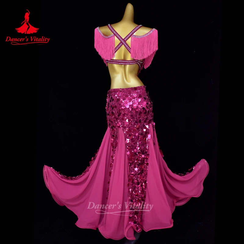 بدلة أداء الرقص الشرقي للنساء حمالة صدر كبيرة ترتر + تنورة طويلة قطعتين ملابس منافسة احترافية للرقص الشرقي