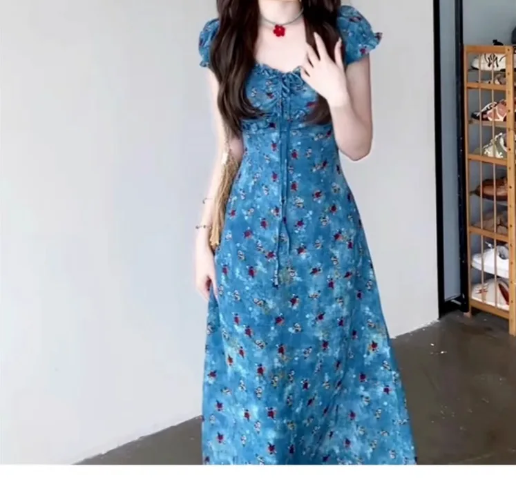 Vestidos de manga curta das mulheres noite 2025 mulher primavera gaze frisado em camadas puff manga império cintura cottagecore fairycore fofo